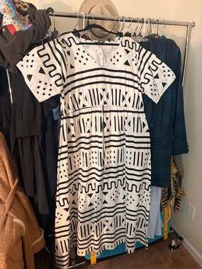 Ashro Tribal Print Maxi Dress Black White Geometric Drawstring Waist XXL